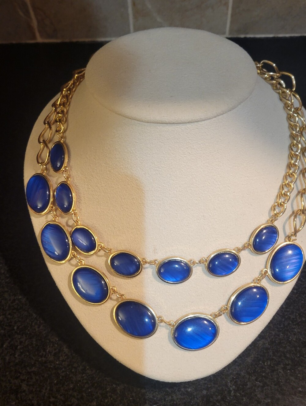 Gold Tone Cobalt Blue Oval Gemstone Layered Necklace Vintage Retro